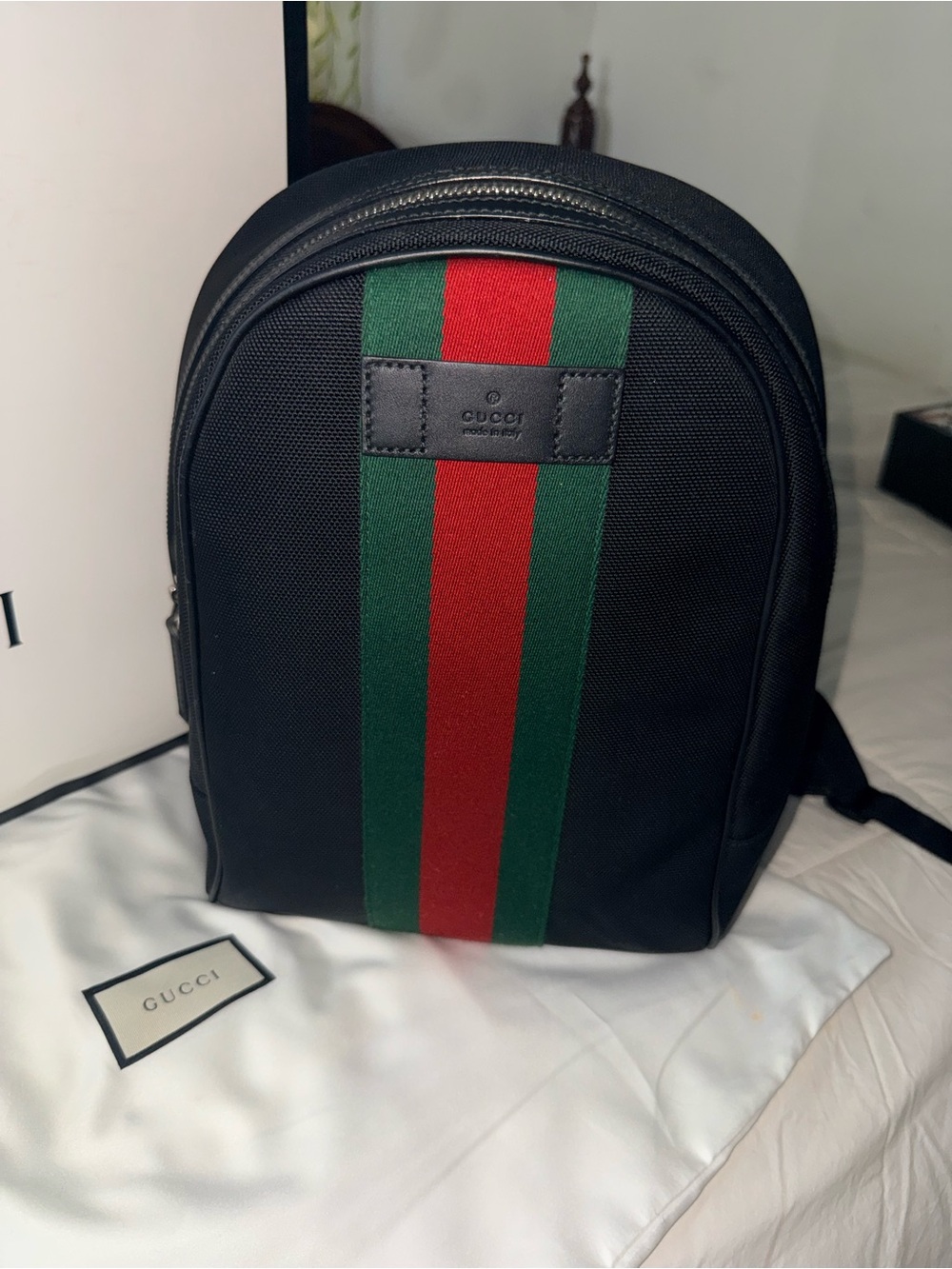 Gucci Black Nylon Backpack with Green and Red Stripe